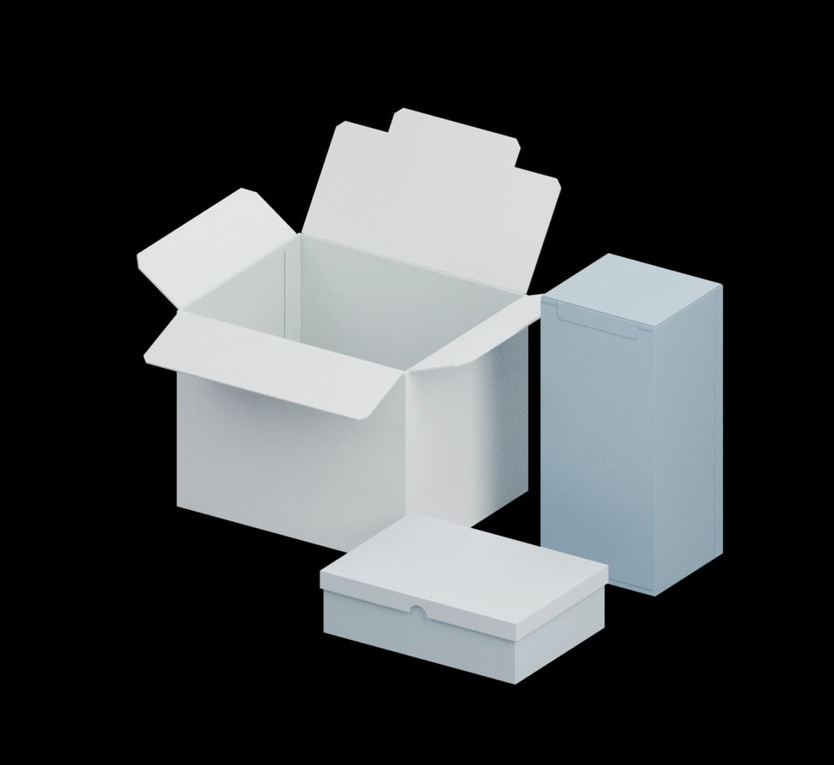 Open pale carton beside a tall blue-gray retail carton and a low pale presentation box