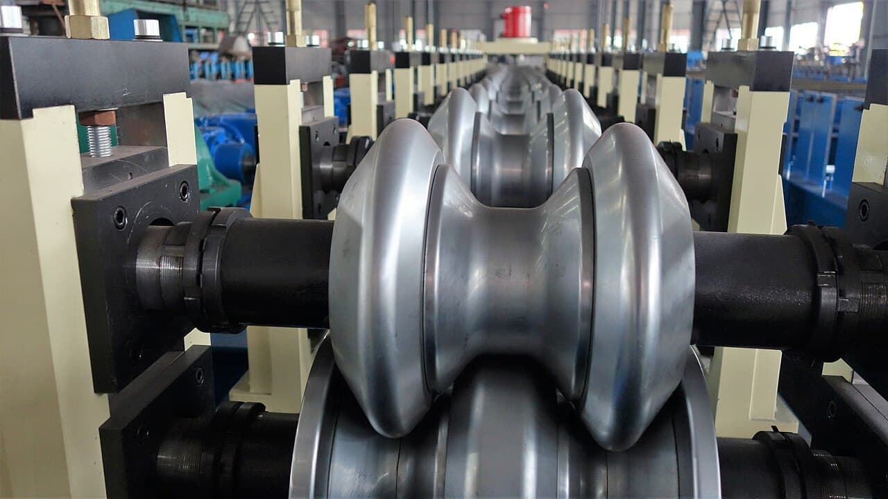 Rows of shaped metal rollers in a roll-forming machine