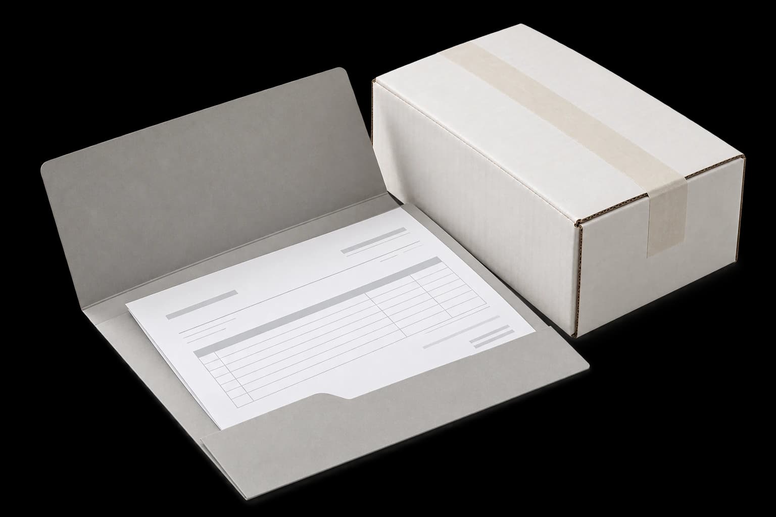 Shipping paperwork and packing list in a document folder beside a carton