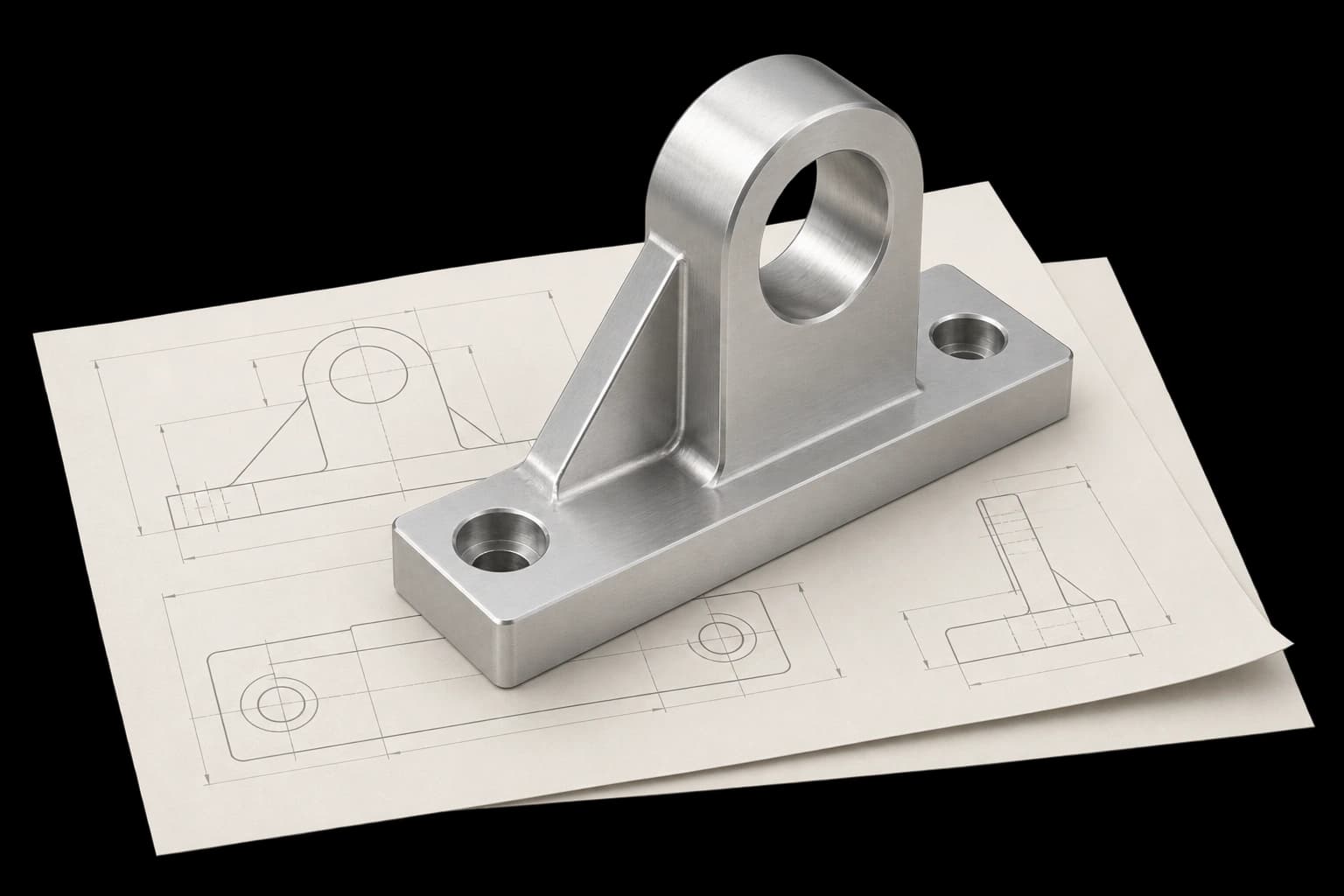 Machined component beside a physical technical drawing
