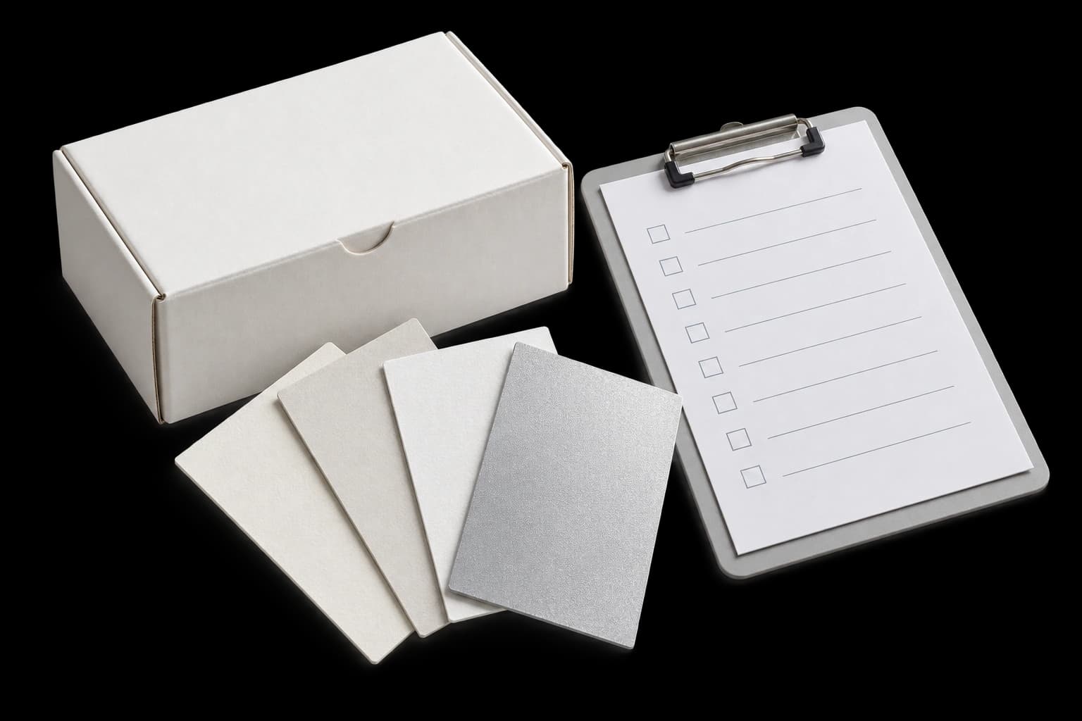 Commercial packaging sample, material swatches and project brief
