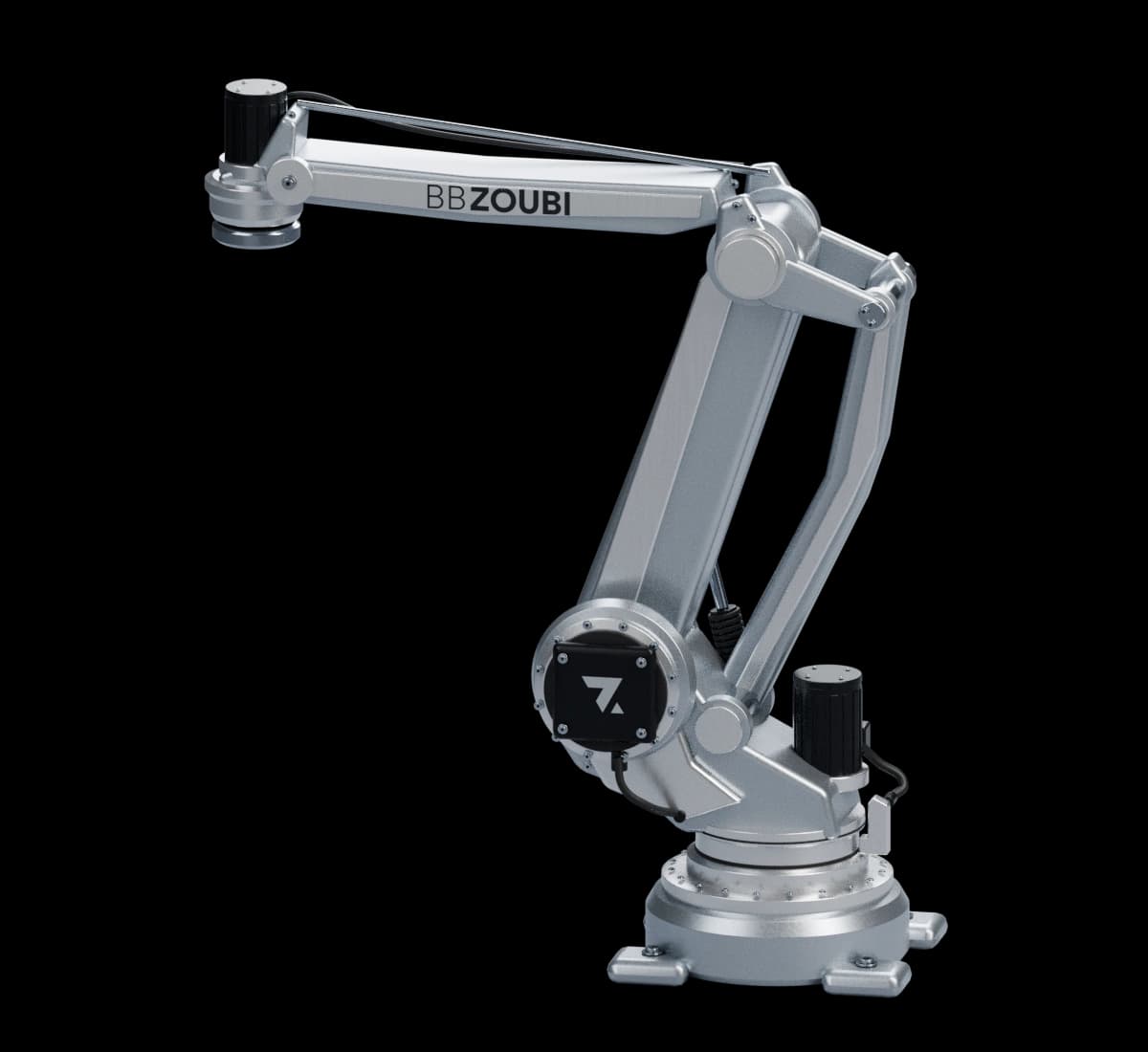 Silver parallel-link robotic arm with linked cast members and exposed joints
