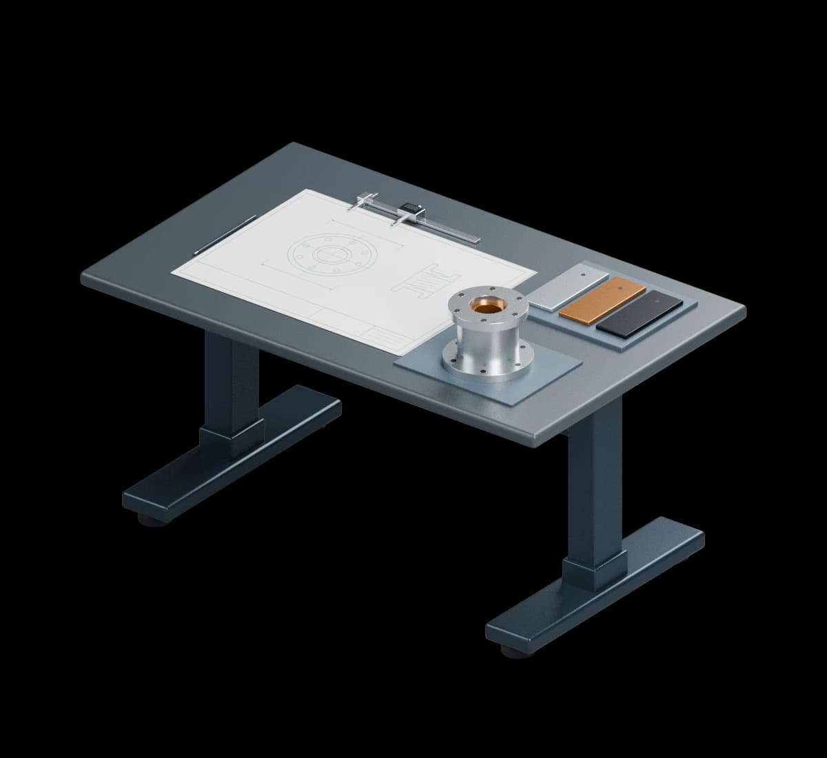 Engineering design review table shown as a detailed original 3D engineering illustration