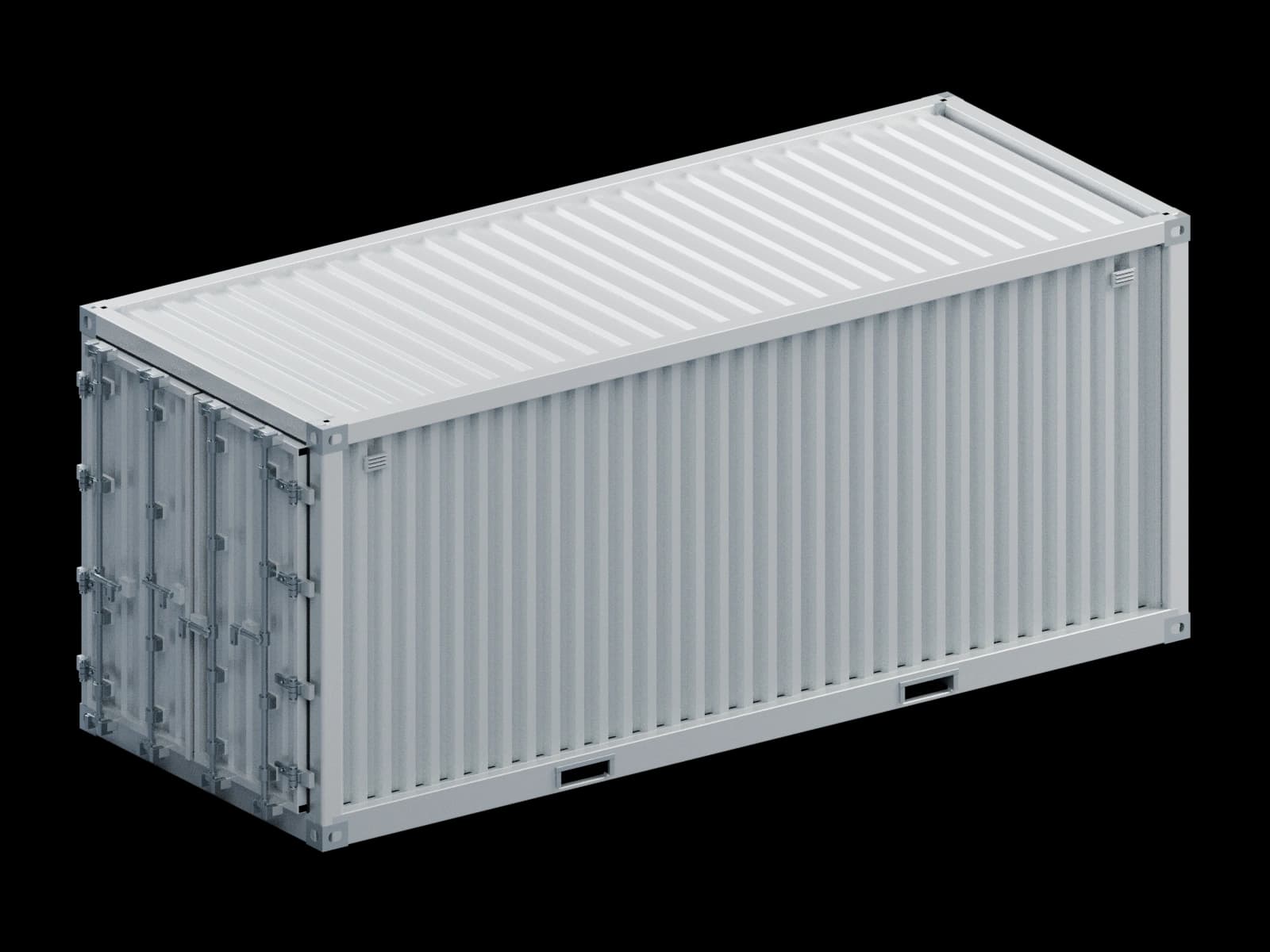 Silver metal shipping container with corrugated sides, corner castings and detailed locking double doors, shown as an original 3D illustration