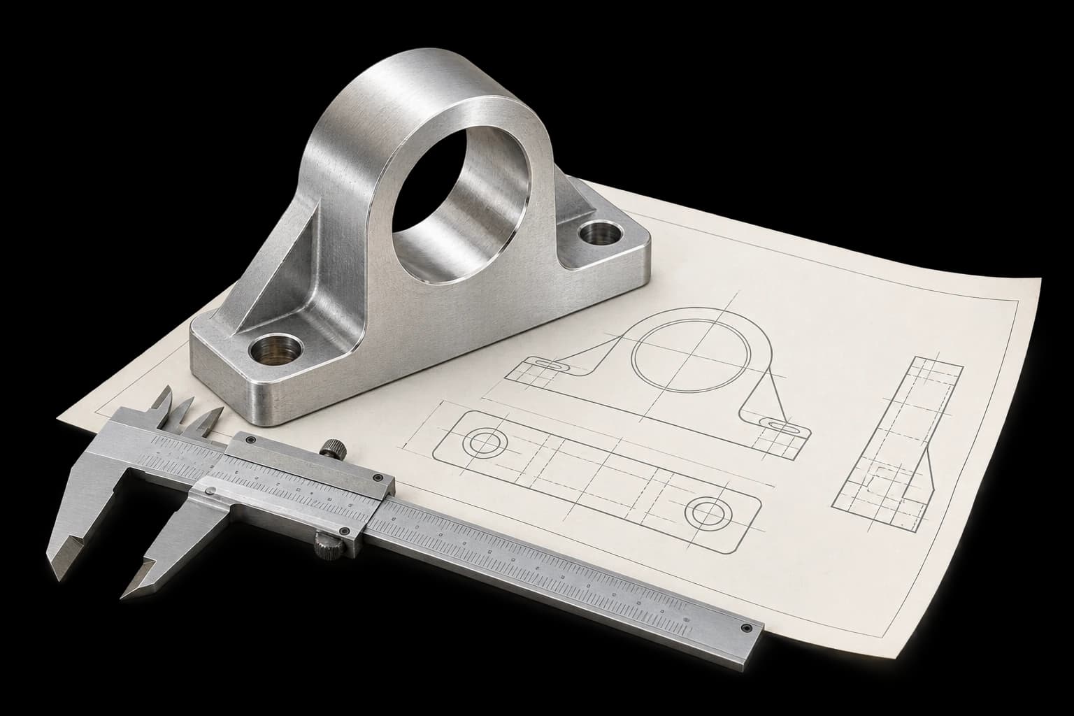 Engineering component, technical drawing and caliper for design review