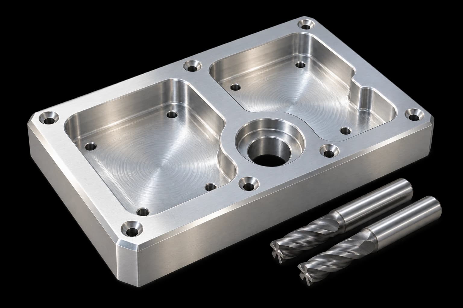 Precision-machined metal plate with pockets and suitable tooling