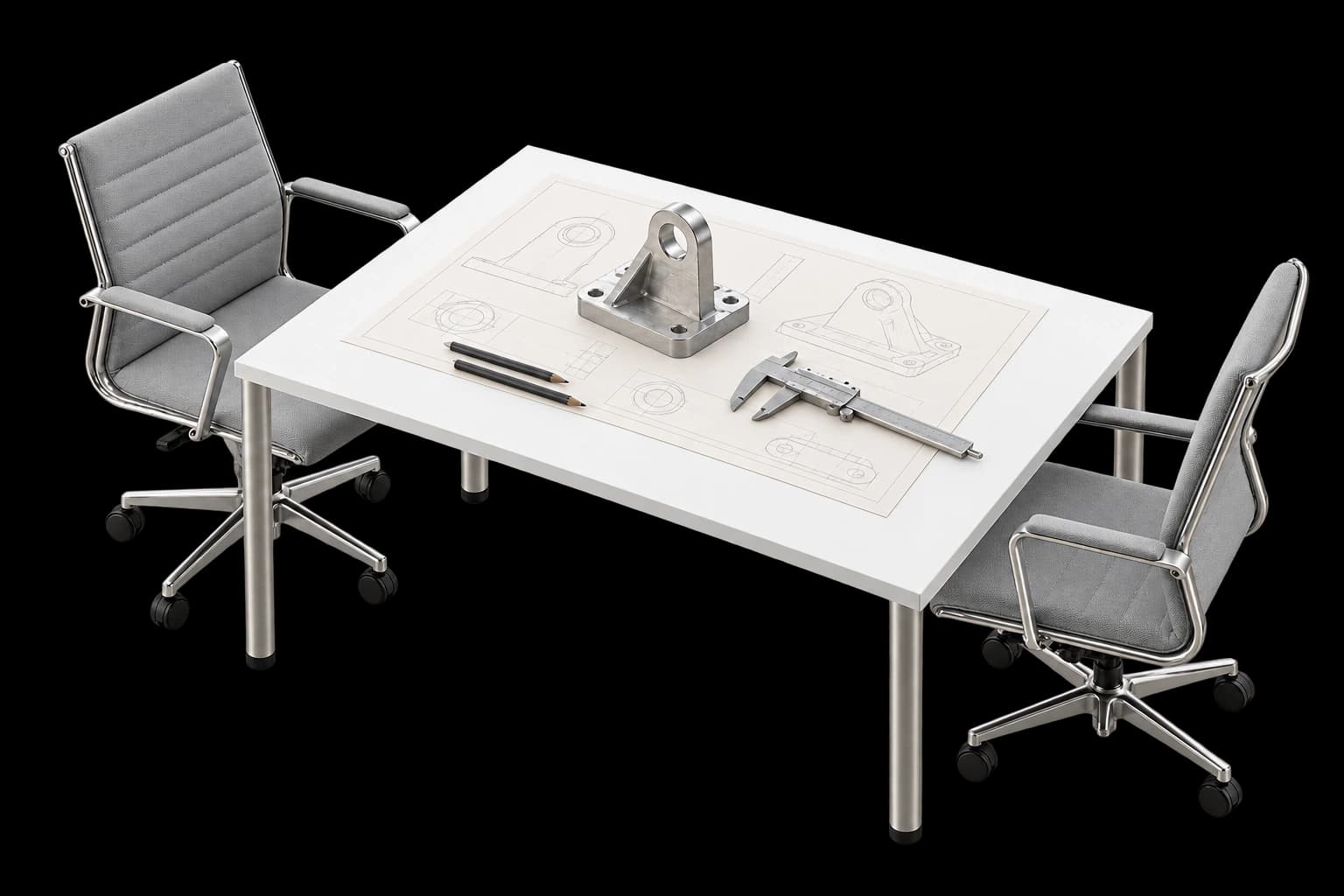 Shared technical review table with a drawing and physical sample