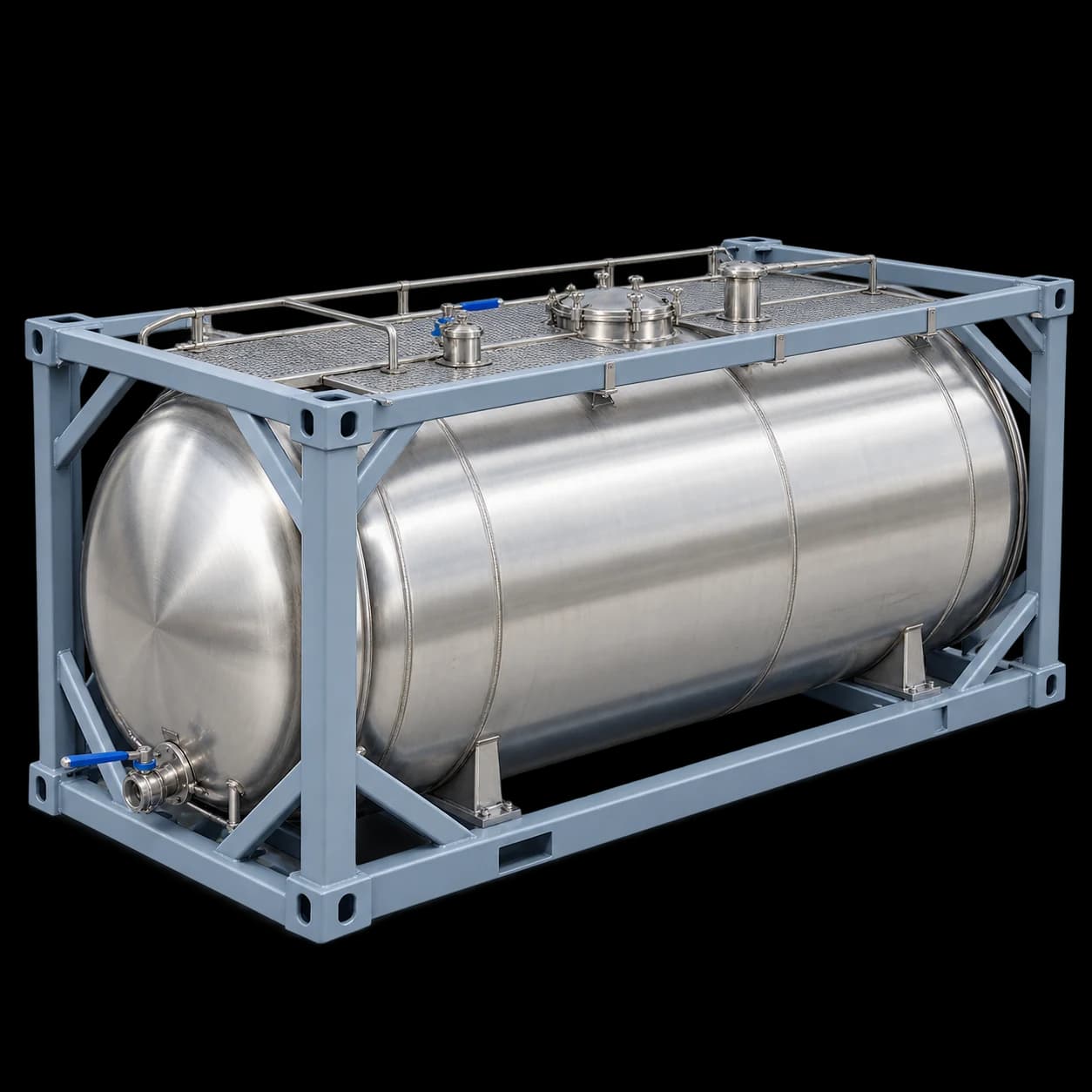 Illustrative stainless-steel ISO tank for bulk petrochemical transport