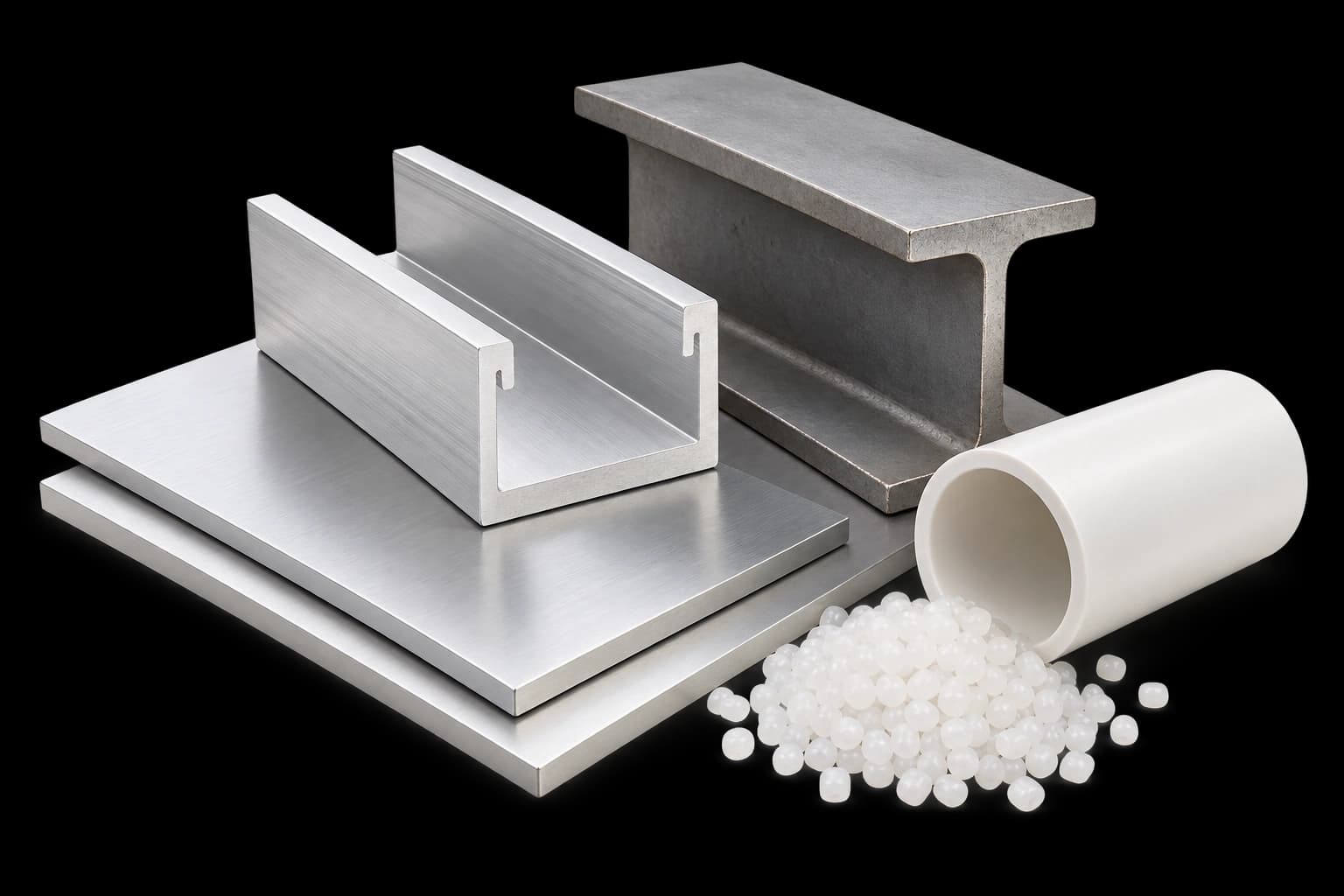 Structural steel, aluminium and polymer samples