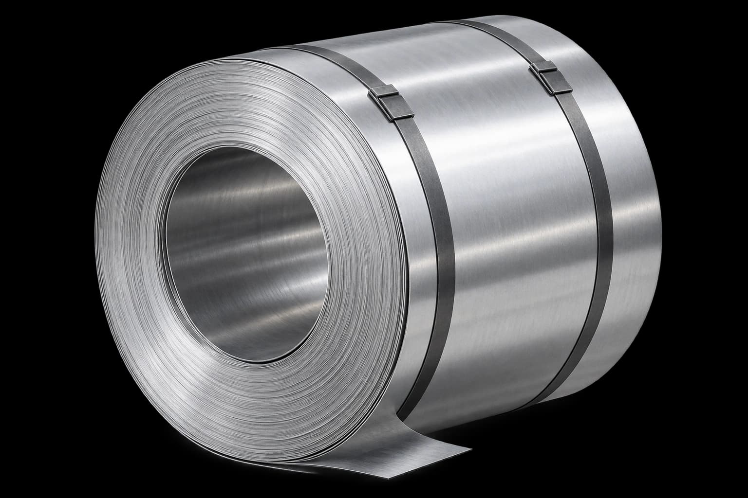 Strapped steel coil with visible layered sheet metal